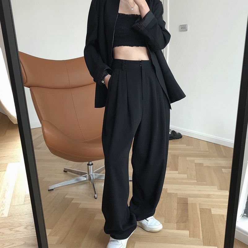 Hulianfu Spring and Autumn Women's Casual Solid Color High Waist Loose Wide Leg Pants