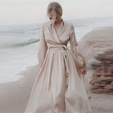 Women Casual Satin Maxi Robe Dress Solid Color Lantern Sleeve Sashes Dress New Fashion Spring Elegant A Line Party Dresses
