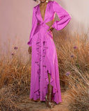 hulianfu Ellafads Woman Dress  High Waist V-neck Women's Dress Pleated Solid Color Ruffled Dress Dresses For Women