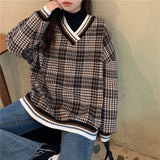 Oversized Hoodie Plaid Pullovers V-Neck Long Sleeve Top Women Loose Korean Fashion Clothing Harajuku Sweatshirt Women Clothing