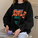 Autumn Women Fleece Letter Printed Pullover Sweatshirt Long Sleeve Casual Sports Lady Oversized Hoodie Korean Fashion