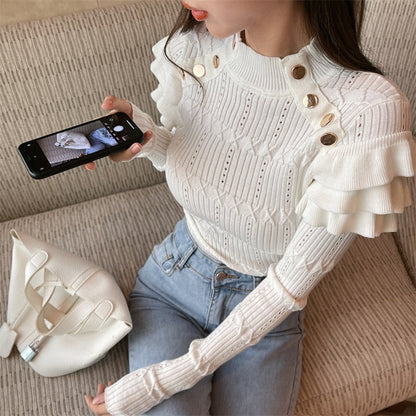 Hulianfu Full Sleeve Turtleneck Buttons Sweater Jumpers Girls Stretchy Chic Ruffles Autumn Spring Sweaters Pullovers Tops Women
