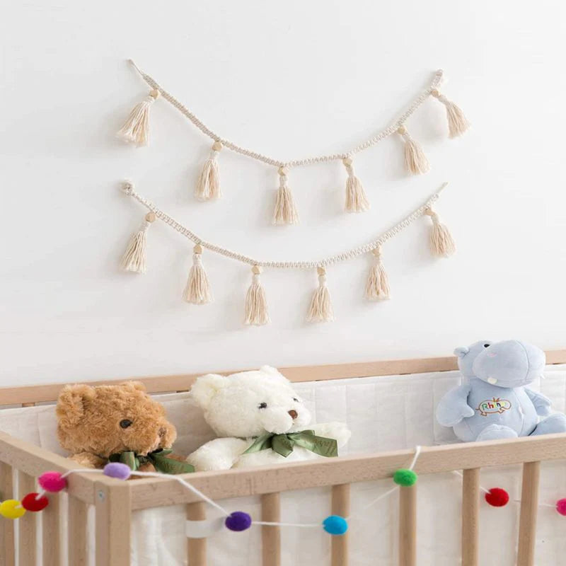 HULIANFU Nordic Cotton Rope Wooden Bead Garland with Tassel Wall Hanging Nursery Props Ornament Kids Baby Room Decor S24 20 Dropship