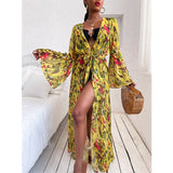 Beach Dress Bikini Cover Up Print Bathing Suit Women Kimono Plus Size Tunic Sexy Long Sleeve Swimwear Cover-Ups