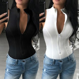 Summer Casual Top Tees Women T-Shirt  Zipper Tank Tops Women Sleeveless Sexy Slim Crop Top Female Slim Black White Tops