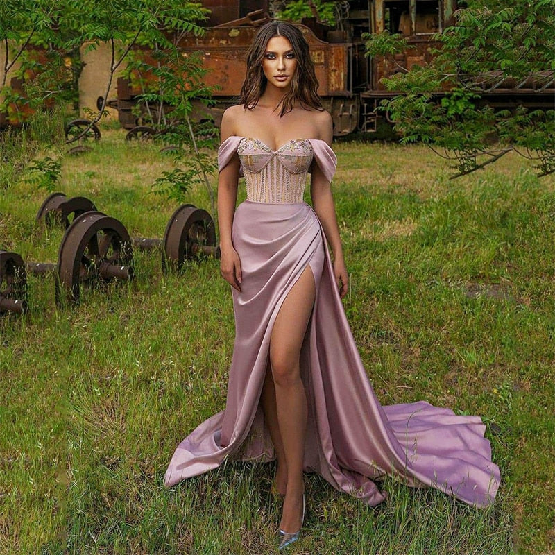 hulianfu Dubai Prom Party Dresses Promdress High Split Beads Sequined Purple Evening Gowns Long Off Shoulder Celebrity Dress
