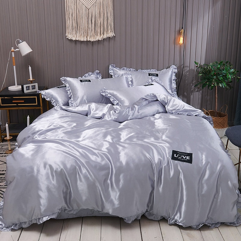 HULIANFU Pure Satin Silk Bedding Set Lace Luxury Duvet Cover Set Single Double Queen King Size 240x220 Couple Quilt Covers White Gray Red