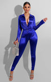 Woman OL satin Suit Solid Color Long Sleeve V Neck lapel Short Jumpsuit+pencil pants Tracksuit S-2XL 15Color