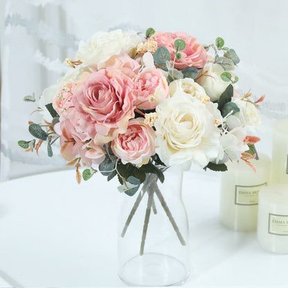 HULIANFU 2023 Beautiful Hydrangea Roses Artificial Flowers for Home Wedding Decorations High Quality Autumn Bouquet Mousse Peony Fake Flower