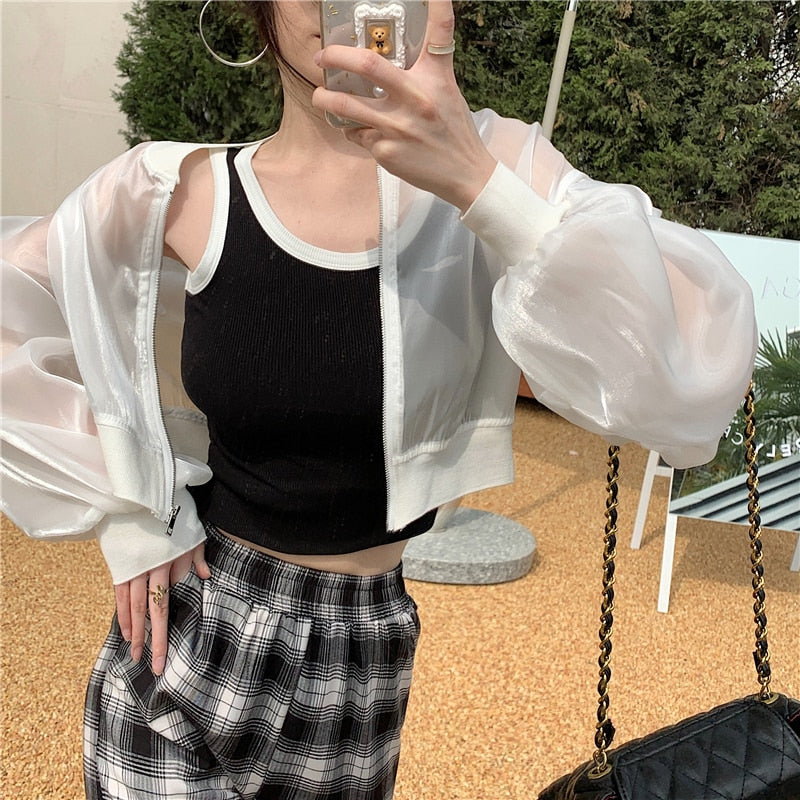 Hulianfu Jackets Women Cropped Thin Summer Zipper Pure Color Cool Simple Outwear Sun Protection Outdoor Fashion Ladies Leisure Popular