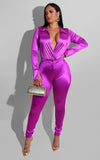 Woman OL satin Suit Solid Color Long Sleeve V Neck lapel Short Jumpsuit+pencil pants Tracksuit S-2XL 15Color