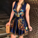 hulianfu Sexy Women Deep V-neck Shirt Dress Summer Sleeveless Chain Print Mid-calf Dresses Laides Lace Up Party Dresses Clubwear