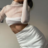 Hulianfu Fall Elegant See Through Long Sleeve Mock Neck Women Tops Fashion Streetwear Sexy T-Shirts Tees Slim Clothes
