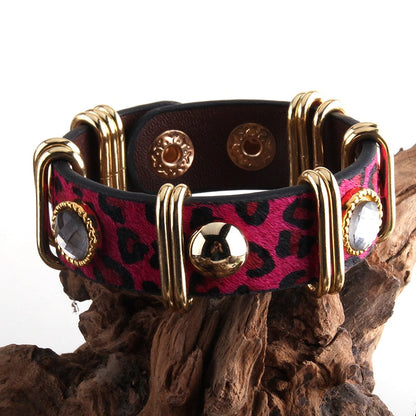 HULIANFU RH Fashion Boho Leather Armbander Goldcolor Metal Rectangle Real Leopard Horsetail Leather Bracelets For Women Gift DropShip