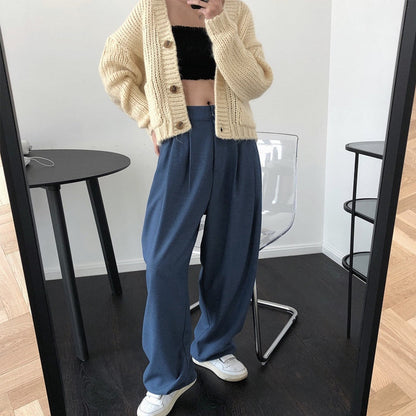 Hulianfu Spring and Autumn Women's Casual Solid Color High Waist Loose Wide Leg Pants