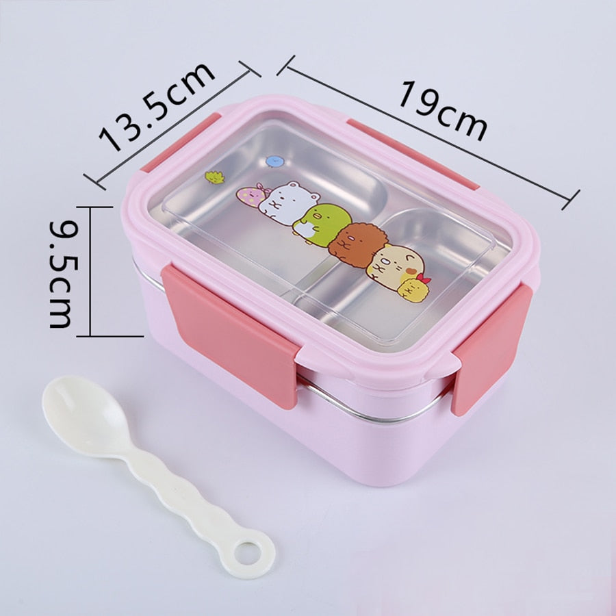 HULIANFU Portable Stainless Steel Lunch Box Double Layer Cartoon Food Container Box Microwave Bento Box for Kids Children Picnic School
