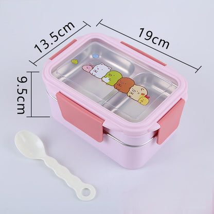 HULIANFU Portable Stainless Steel Lunch Box Double Layer Cartoon Food Container Box Microwave Bento Box for Kids Children Picnic School