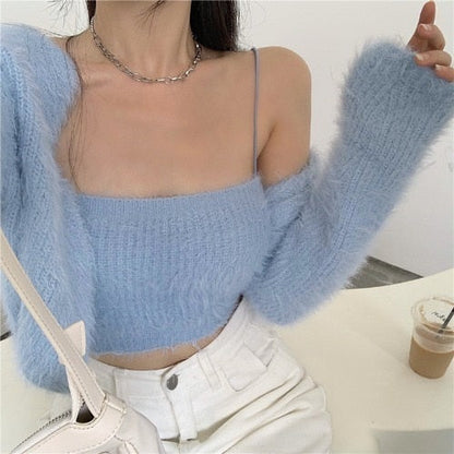 Spring 2 Piece Set Ribbed Knitted Women Cardigan + Camisole Outfits Slim Short Tops Long Sleeve Casual Camis and Cardigans Suit