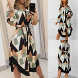 Spring Summer Lady Cover Up Women&#39;s Shirt Dress Wave Print Long Sleeve V-Neck Casual Loose Holiday Midi Dress Plus Size