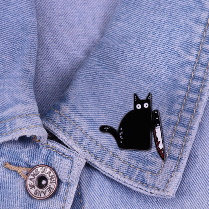 HULIANFU Slayer cat knife kitty Bloody Black Knifecat Enamel Pin spooky dark art brooches for clothes decor