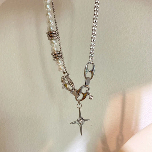 hulianfu Fashion Punk Metal Chain Starlight Pendant Necklaces For Women Girls Elegant Pearl Beads Choker Party Jewelry Gifts