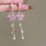 hulianfu Fashion Sweet Pink Zirconia Butterfly Tassel Dangle Earrings For Women Girl Delicate Flower Long Pendientes Jewelry