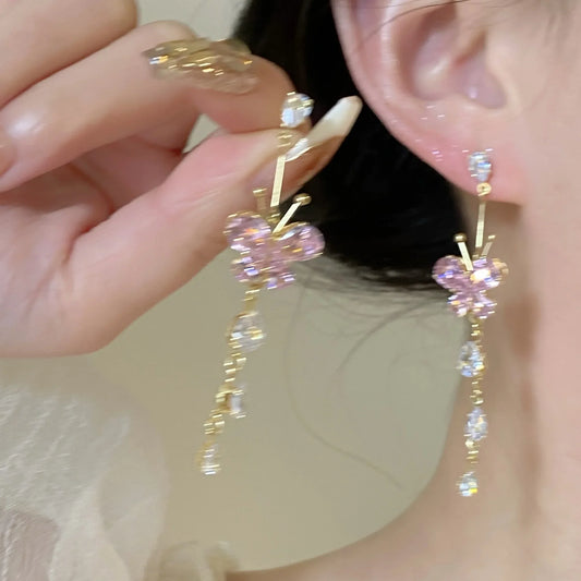 hulianfu Fashion Sweet Pink Zirconia Butterfly Tassel Dangle Earrings For Women Girl Delicate Flower Long Pendientes Jewelry