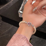 hulianfu Fashion Zircon Pink Heart Pearl Elastic Bracele For Women Girs Delicate Zircon Starlight Bangles Party Jewelry Gifts