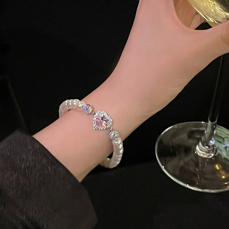 hulianfu Fashion Zircon Pink Heart Pearl Elastic Bracele For Women Girs Delicate Zircon Starlight Bangles Party Jewelry Gifts