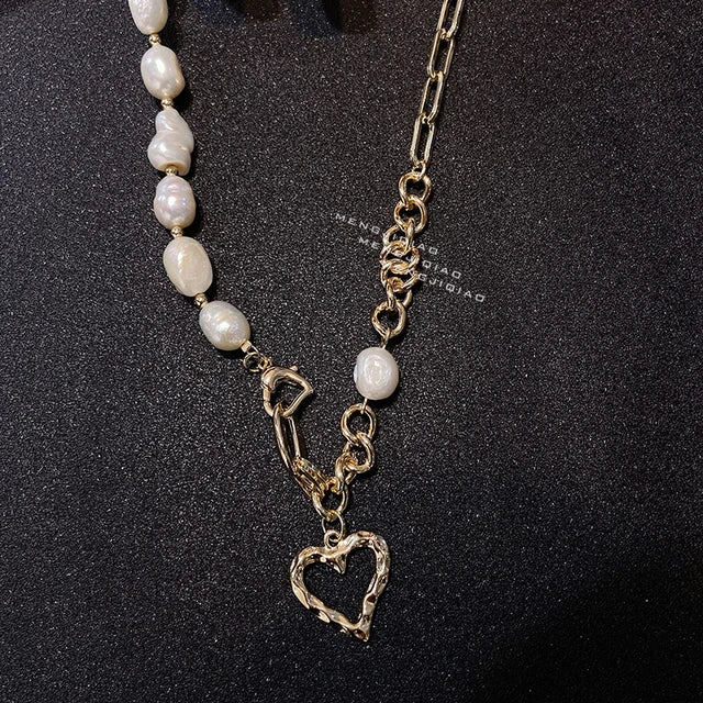 hulianfu Korean Elegant Freshwater Pearl Necklace For Women Girls Fashion Metal Chain Heart Choker Bijoux Colares Jewelry Gift