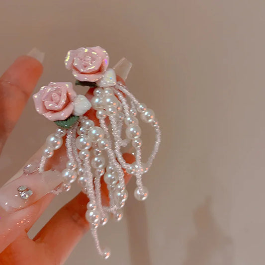 hulianfu Korean Fashion Pink Resin Flower Pearl Tassel Dangle Earrings For Women Luxury Super Fairy Fresh Earring Jewelry
