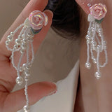 hulianfu Korean Fashion Pink Resin Flower Pearl Tassel Dangle Earrings For Women Luxury Super Fairy Fresh Earring Jewelry