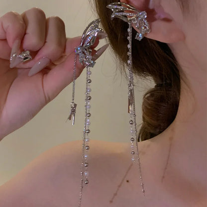 hulianfu Korean Fashion Zirconia Butterfly Clips Earrings For Women Pearl Tassel Ear Bone Clip Aretes De Mujer Modernos