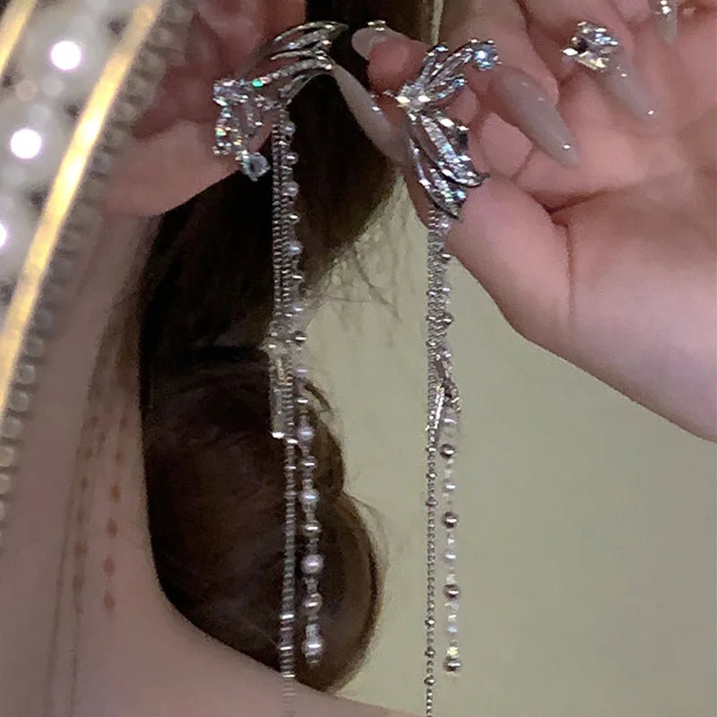 hulianfu Korean Fashion Zirconia Butterfly Clips Earrings For Women Pearl Tassel Ear Bone Clip Aretes De Mujer Modernos