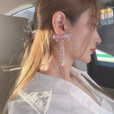 hulianfu Korean Luxury Elegant Pink Cystal Bowknot Drop Earrings For Women Girls Fashion Rhinestone Long Pendientes Jewelry