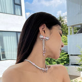 hulianfu Korean Luxury Elegant Pink Cystal Bowknot Drop Earrings For Women Girls Fashion Rhinestone Long Pendientes Jewelry