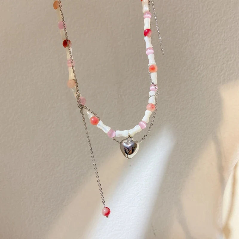 hulianfu Korean Sweet Pink Opal Beads Metal Heart Pendant Necklace For Women Trendy Bamboo Joint Chain Choker  Jewelry Gifts