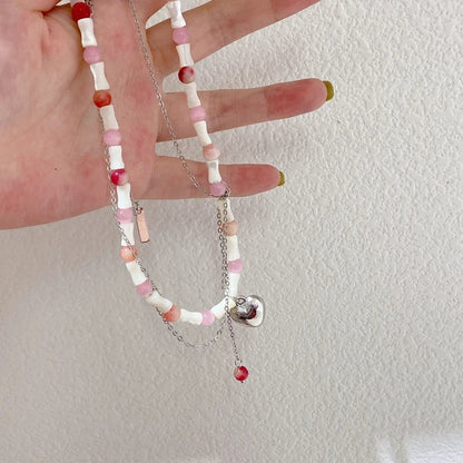 hulianfu Korean Sweet Pink Opal Beads Metal Heart Pendant Necklace For Women Trendy Bamboo Joint Chain Choker  Jewelry Gifts