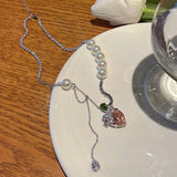 hulianfu Korean Sweet Pink Zircon Love Flowers Waterdrop Necklace For Women Girls Pearl Chain Collar Collarbone Wedding Party