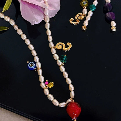 hulianfu Korean Trendy Coloured Glaze Flower Strawberry Necklace For Women Elegant Freshwater Pearl Choker Summer Jewelry