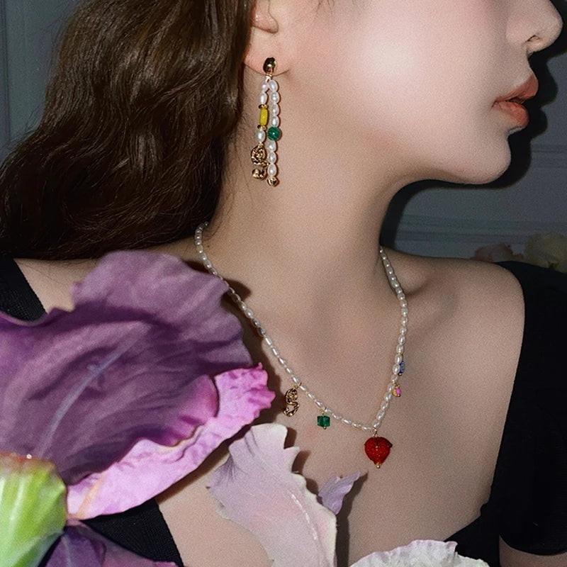 hulianfu Korean Trendy Coloured Glaze Flower Strawberry Necklace For Women Elegant Freshwater Pearl Choker Summer Jewelry