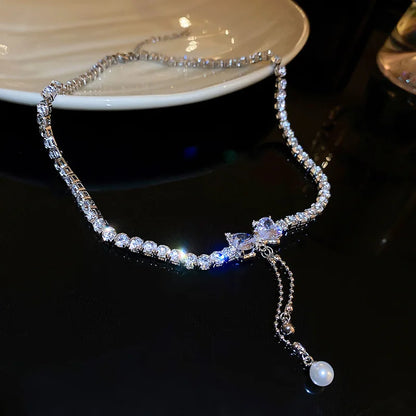 hulianfu Korean Zircon Love Bowknot Pearl Tassel Pendant Necklace For Women Girls Shiny Rhinestone Chain Gift Wedding Party