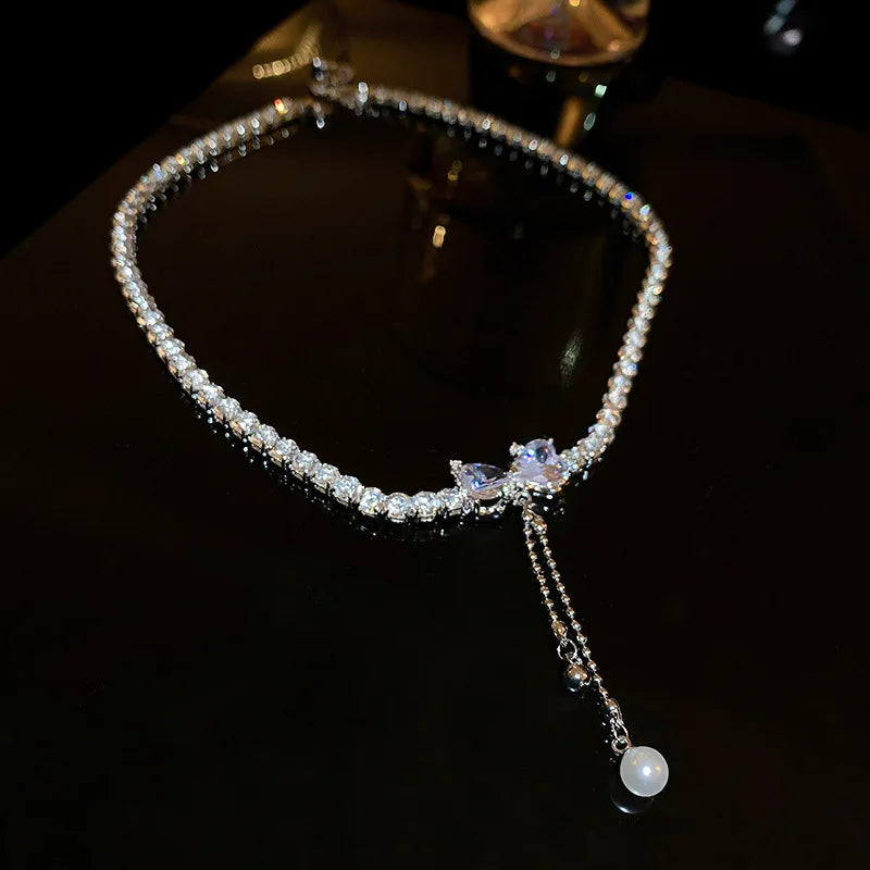 hulianfu Korean Zircon Love Bowknot Pearl Tassel Pendant Necklace For Women Girls Shiny Rhinestone Chain Gift Wedding Party
