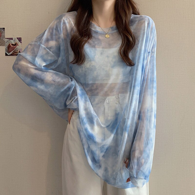 Hulianfu Tie Dye Long Sleeve T-shirts Women Breathable Summer O-neck Design Mesh Sun-proof Loose Tshirts Korean Style All-match Tops Chic