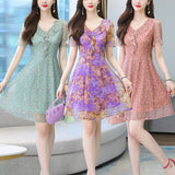 hulianfu Women Chiffon Summer Print Floral Dress Casual  New V-Neck Short Sleeve Elegant Party Dresses Ladies Clothing Vestidos robe