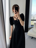 Hulianfu Summer Women Fashion Elegant Casual Solid Puff Sleeve Midi Dresses Evening Office Lady Female A Line Clothes Vestdios Black