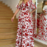 hulianfu Women Long Dress Printed Ruffle Mid Sleeve Cutout High Waist Long Skirt Maxi Beach Dresses