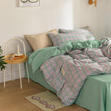 HULIANFU Japan Style Plaid Pattern Bedding Set Queen Simple Washed Cotton Bedding Duvet Cover Set with Sheets Quilt Cover Pillow Covers