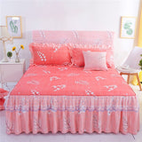 HULIANFU  3pcs set Elegant floral bed skirt skin-friendly cotton lace bedding home decor bedspreads queen pink king size bed cover