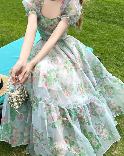 Hulianfu Floral Dress for Women 2023 New Fashion Elegant Puff Sleeve Square Collar Summer Dress Chic French Style Midi Dress